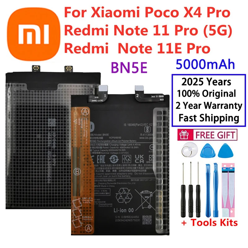 

Оригинальный новый аккумулятор BN5E емкостью 5000 мАч для Xiaomi Redmi Note 11 11E Pro 5G/POCO X4 PRO 5G, аккумуляторы для мобильных телефонов