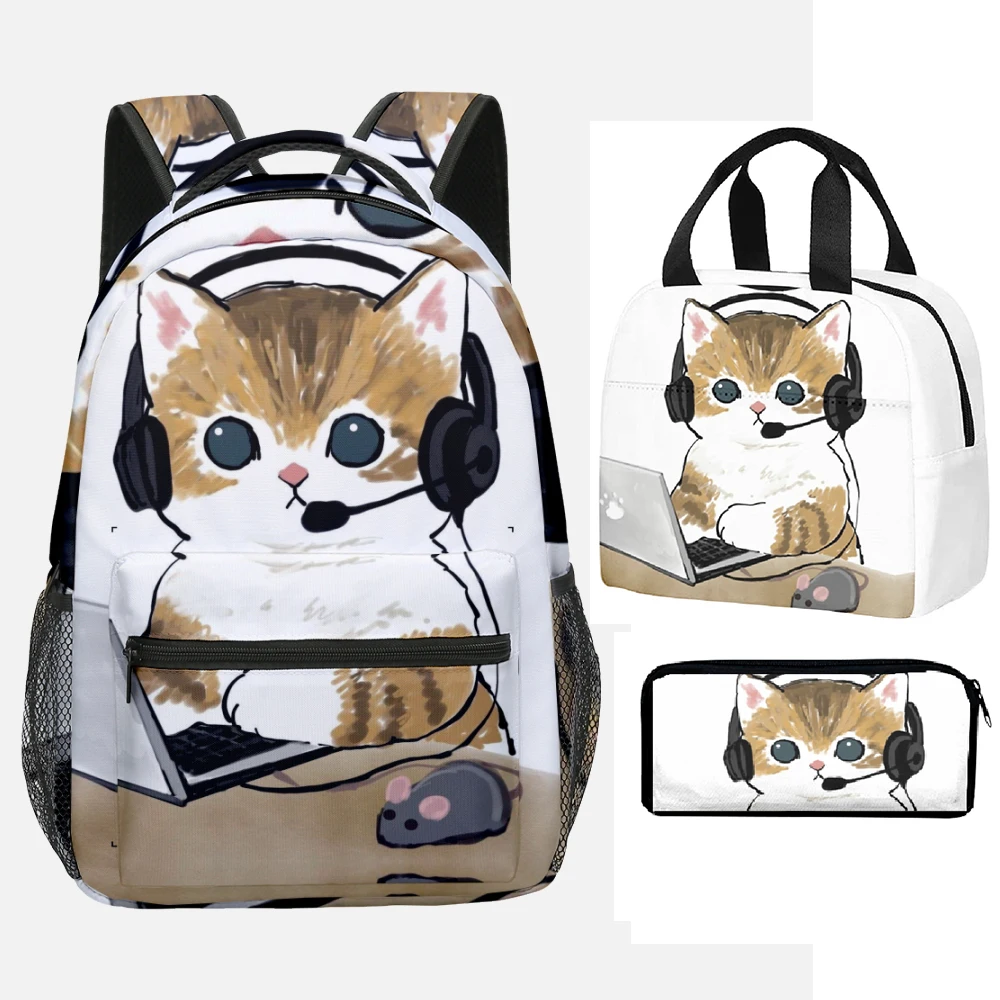 Cartoon Novelty Cool Funny Working cat 3D Printed 3pcs/Set Student School Bags Laptop Daypack Backpack Lunch bag Pencil Case