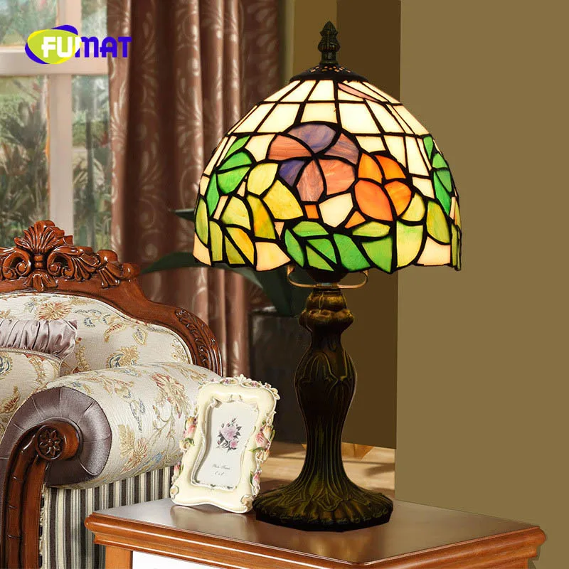 FUMAT European Tiffany Stained Glass Morning Glory Creative Restaurant Bedroom Bedside Table Lamp 8 Inch 20CM Festive Light