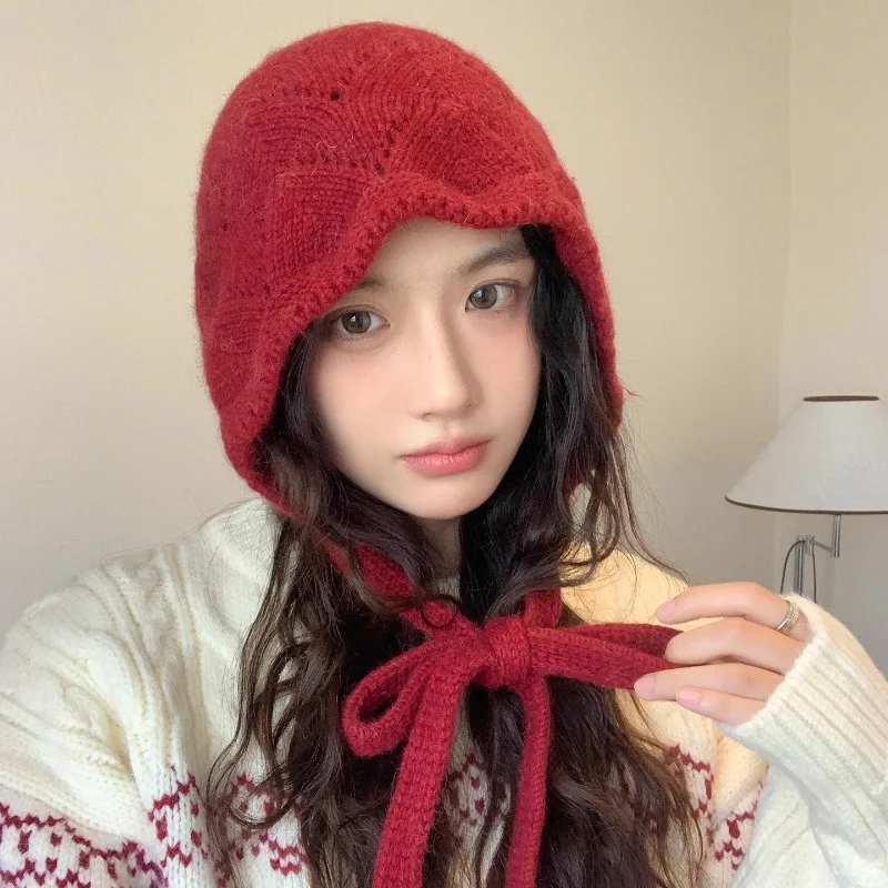 

Korean Simple Solid Color Knitted Pullover Hats for Women Autumn and Winter Casual Warm Ear Protection Versatile Strap Beanies