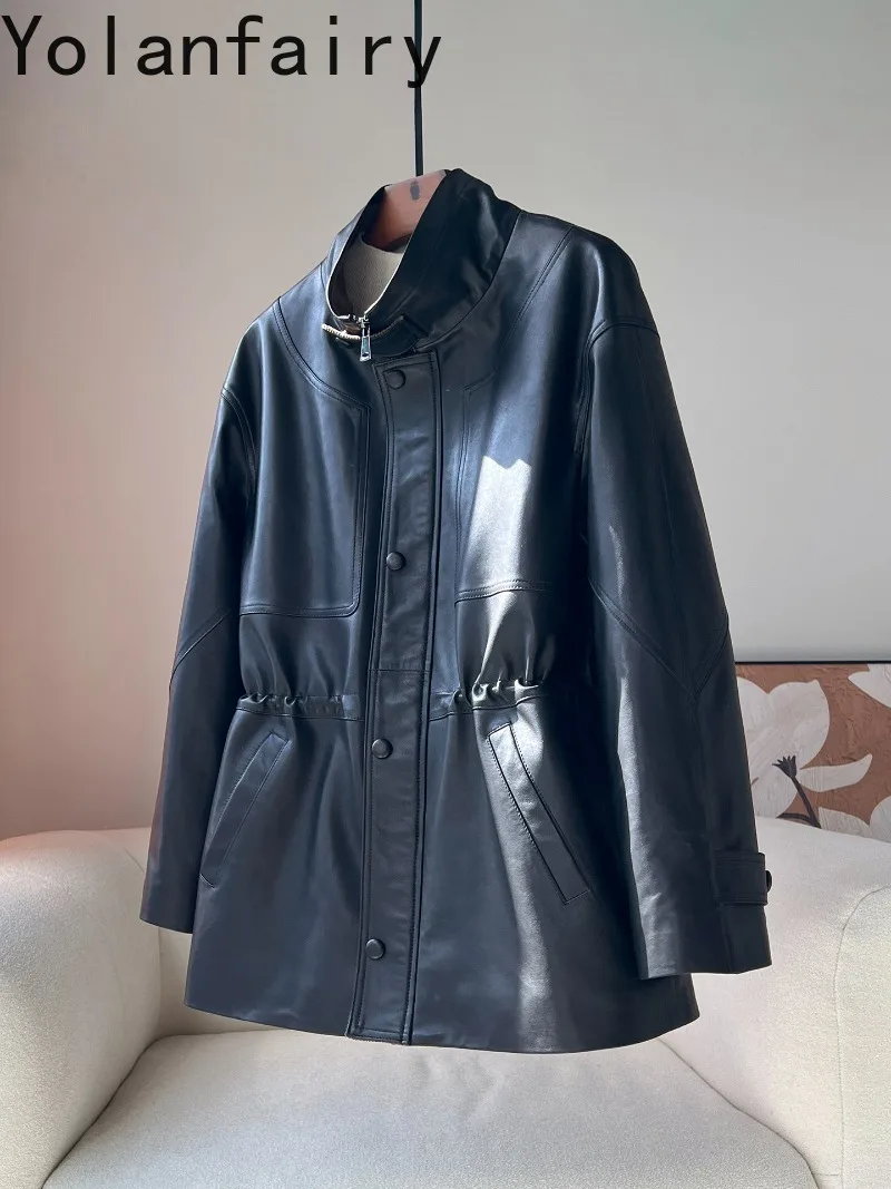 YOLANFAIRY Genuine Sheepskin Leather Jacket Women Winter 90% White Goose Down Coat Mid-length Real Leather Fashion Outerwear
