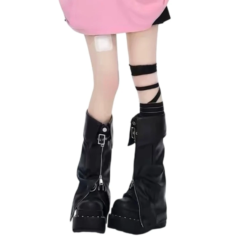 

Women Harajuku Punk PU Leather Leg Warmers Zippers Slit Turn Cuff Buckled Flared Leg Gaiters Knee Long Socks Boot Covers