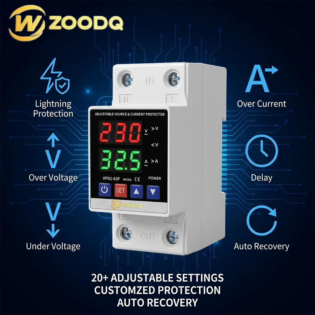 Single Phase 220V 40/63/80/100A Dual LED Display V0 Fireproof DIN Rail Voltage Current Protector Auto Recovery Safety Switches