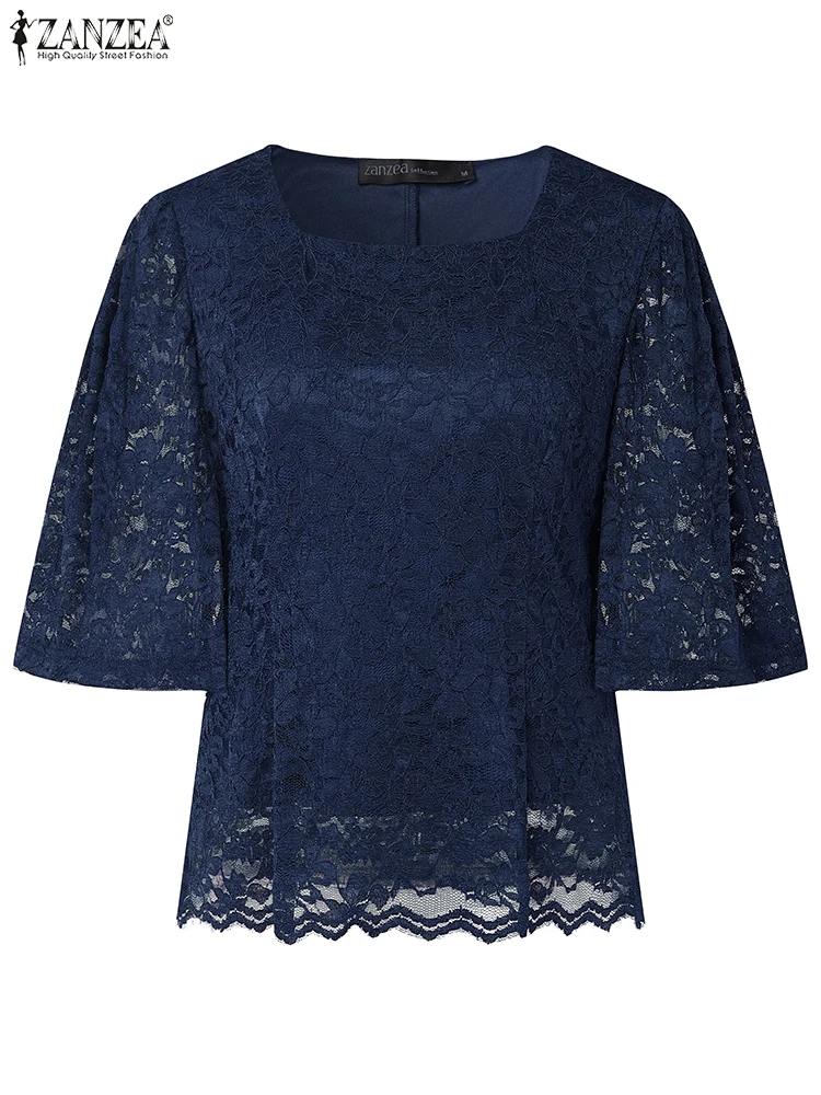 ZANZEA Women Lace Blouse Summer Hollow Out Tops Vintage Half Sleeve Blusas Casual O Square Neck Tunics 2025 Oversized Pullover
