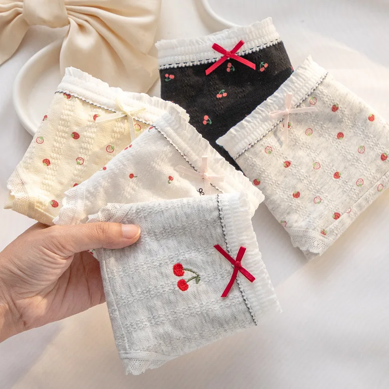 5PCS M-XL Sweet Girl Cherry Strawberry Print Cotton Underwear Women Low Waist Breathable Seamless Panties Student Soft Briefs