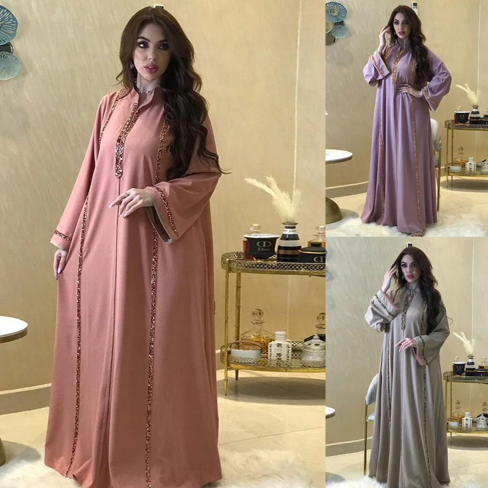 

Luxury Diamonds Muslim Women Long Dress Abaya Arabic Turkey Dubai Islamic Clothing Autumn Maxi Robe Robe Kaftan Middle East