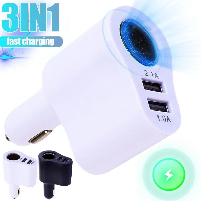 Multifunctional 3-in-1 Dual USB Ports Car Charger 12-24V Quick Charging Mobile Phone Charger Universal Cigarette Lighter Adapter