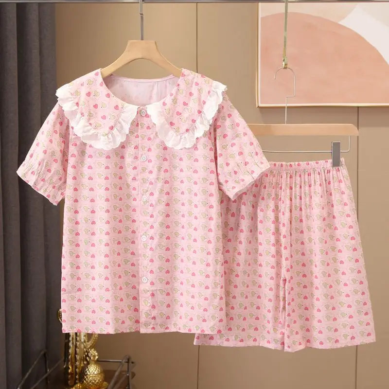 

Пижамы для девочек с кружевной отделкой, женские, весна-лето, короткий рукав, шорты, хлопковый домашний комплект, одежда для кондиционирования, можно носить на улице