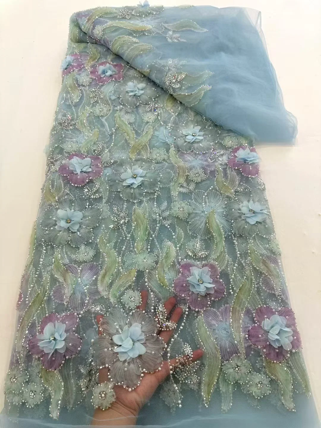 

Горячая новинка: 3D-кружевная ткань с африканскими цветами и бисером, 5 ярдов, Франция, Нигерия, сетчатое кружево с пайетками для свадебных и вечерних платьев