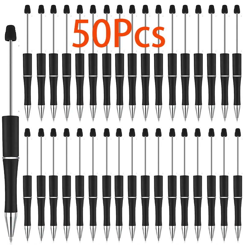 50Pcs Plastic Beadable Pen DIY Bead Ballpoint Pen Shaft Black Ink Beaded Pens