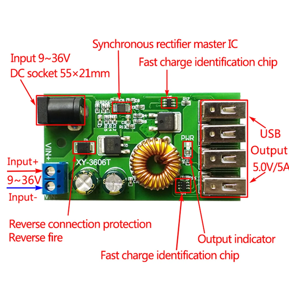 

DC-DC 9V-36V to 5V 5A 4 USB Output 25W Buck Converter Step Down Power Supply Module with Aluminum Shell for Phones