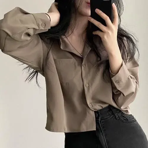 Vintage Shirts Women Chic Korean Fashion Simple All-match Long Sleeve Office Lady Tops Clothing Summer Sun-proof Elegant Cropped