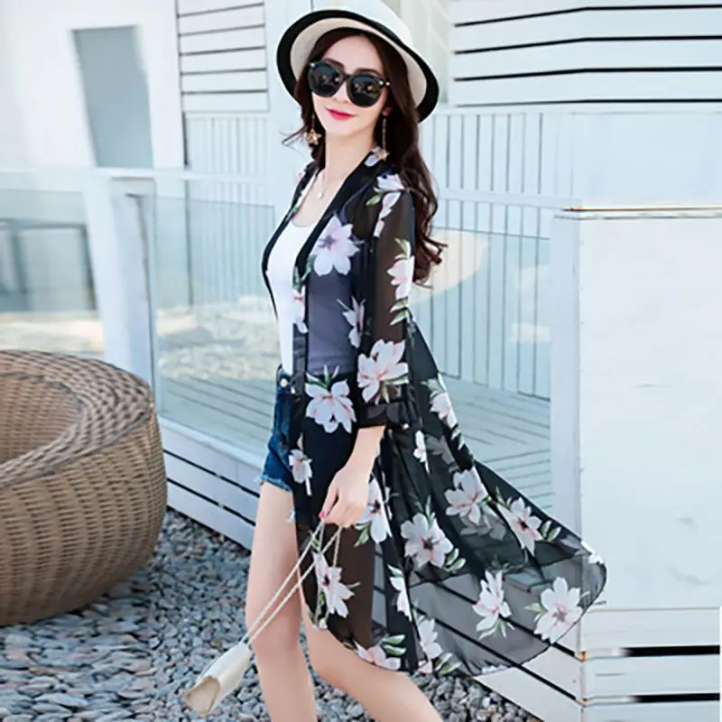 2024 New Sunscreen Clothing Women\'s Long Summer Shawl Thin Coat Chiffon Cardigan Beach UV Protection Coat Women\'s Coat E294