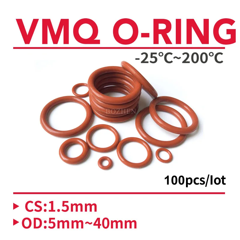 

100pcs VMQ O Ring Seal Gasket Thickness CS 1.5mm OD 5 ~ 40mm Silicone Rubber Insulated Waterproof Washer Round Shape Nontoxi Red