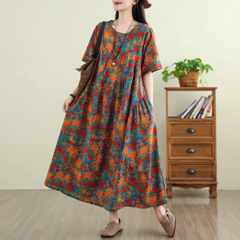 

Summer New Retro Cotton Linen round Neck Pocket Short Sleeve Dress Women Loose Slim A-Line Skirt Dress Artistic Style High Waist