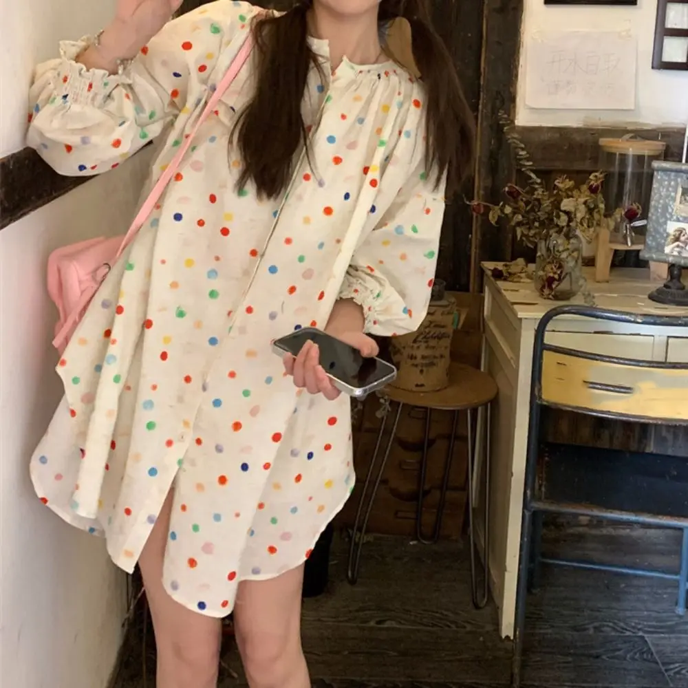 

Модная милая красочная блузка в горошек, свободная повседневная рубашка с длинным рукавом, весенне-осенняя тонкая рубашка на пуговицах, женская уличная одежда