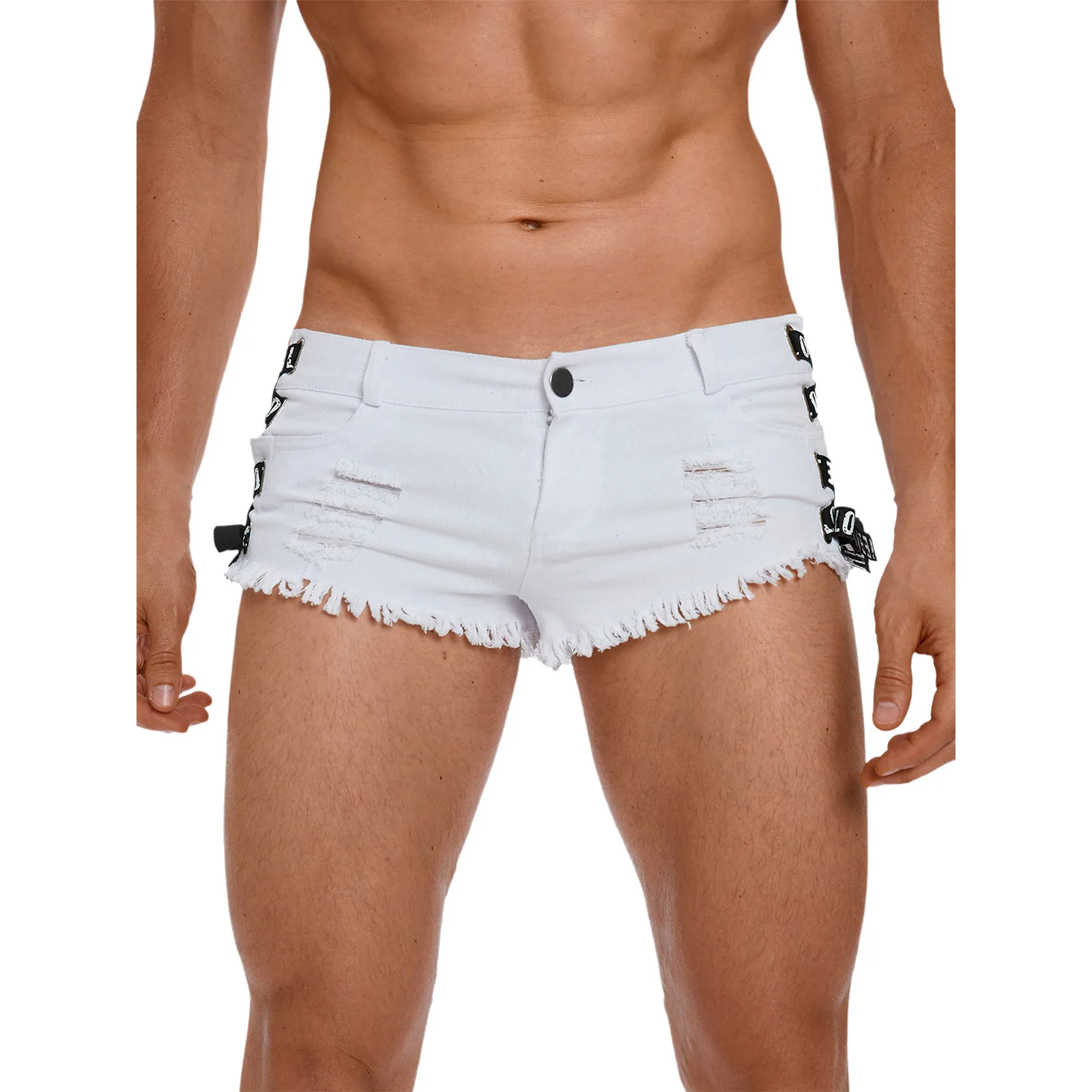 Mens Letters Ribbons Trimmings Criss-cross at Side Skinny Low-waist Ultrashort Hollow-out Jeans Shorts with Pockets Clubwear view 3
