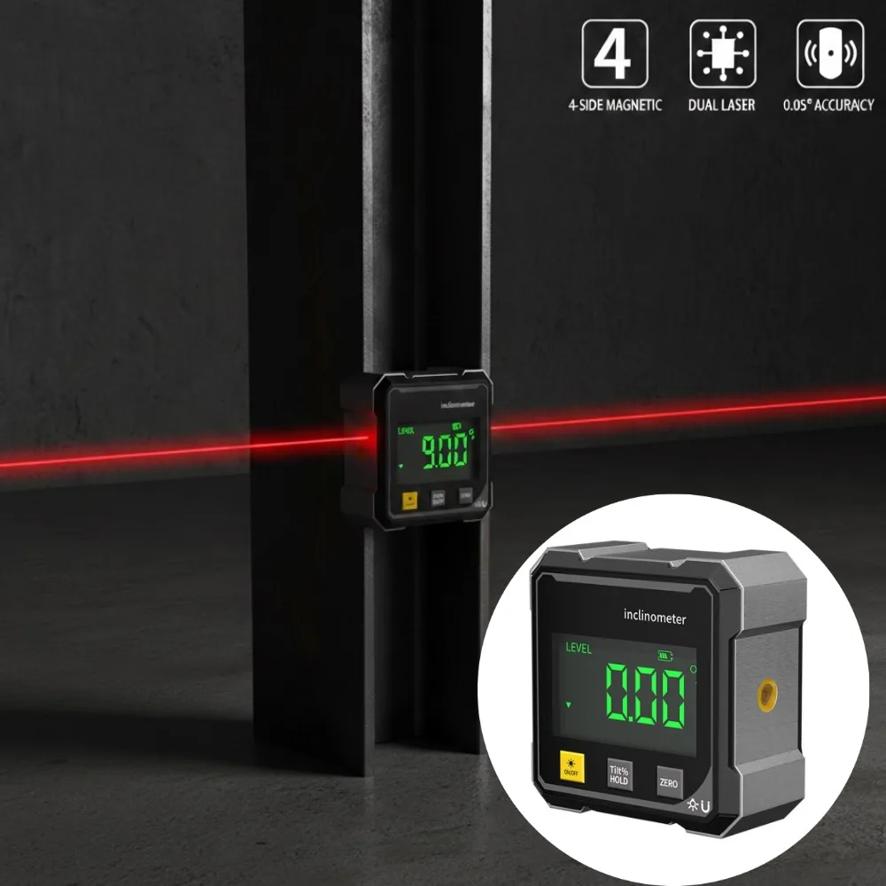 

Четырехсторонний магнитный цифровой инклинометр с двойным лазером, высокоточный угломер-уровень для деревообработки, металлообработки и строительства
