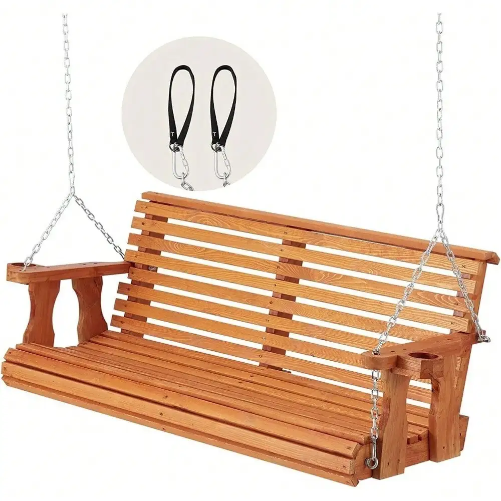 4.5ft Wooden Porch Swing 3-Seater 800lb Outdoor Patio Natural Wood Hanging Bench