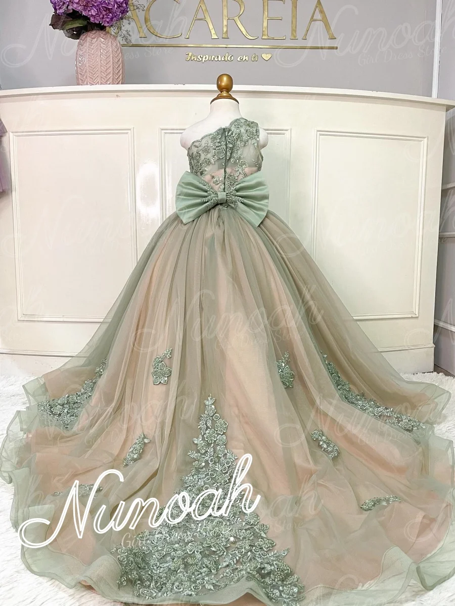

One Shoulder Flower Girl Dress For Wedding Lace Appliques Girl Birthday Pageant Gowns with Bow First Communion Gowns Customized