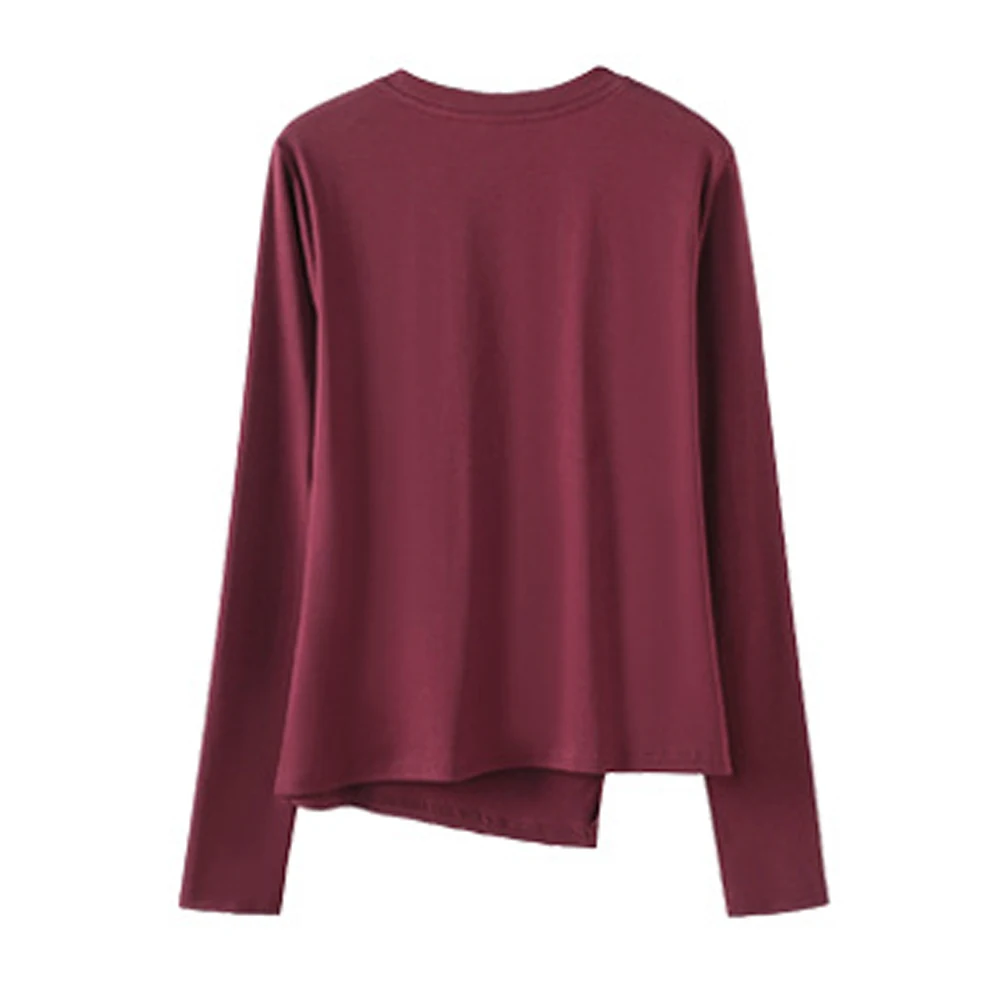 Wine Red Long Sleeved T-Shirt for Women's Autumn New High-End Fashion Cotton Plus Size Asymmetrical Splicing Casual Top
