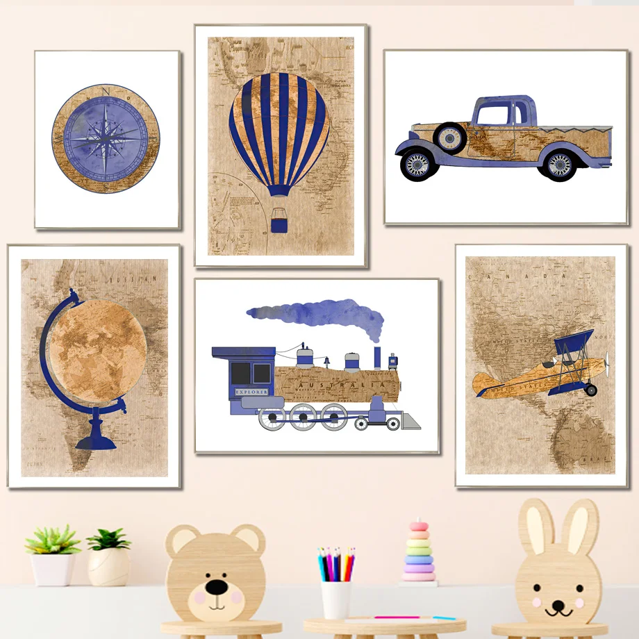 Frameless canvas paintings,Cartoon Hot Air Balloon Globe Airplane Car Train Nursery Wall Art Canvas Painting Posters & Prints Pi