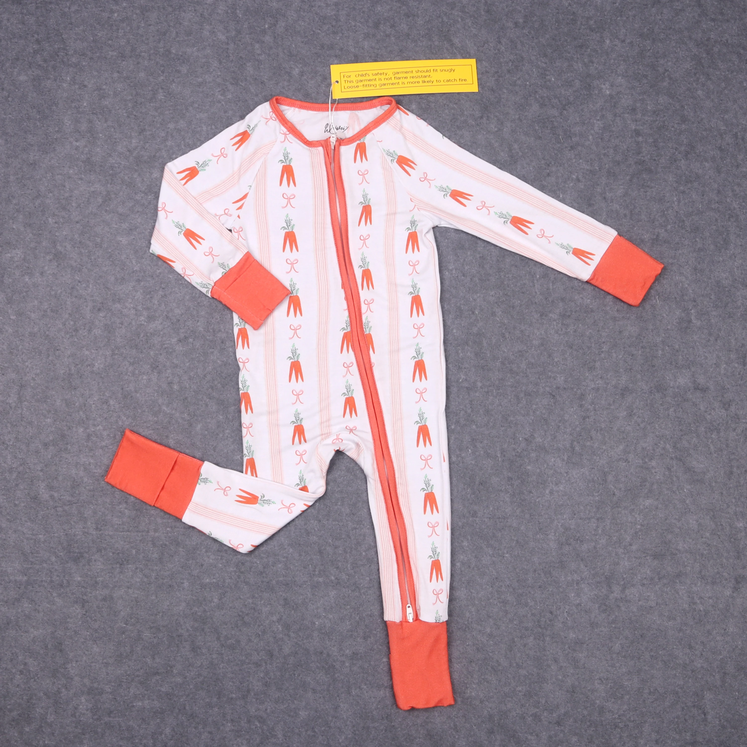 

Baby Easter Bamboo Long Sleeve Girl Zipper Set Round Neck Carrot Pattern Orange Top Clothes And Pants Suit Match Romper Pajamas