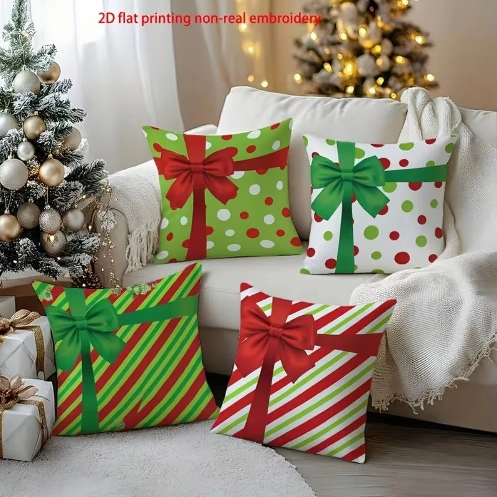 Square Decorative Pillow Cover Polyester Imitation Cotton Invisible Zipper Christmas Bow Cushion Case Silky Short