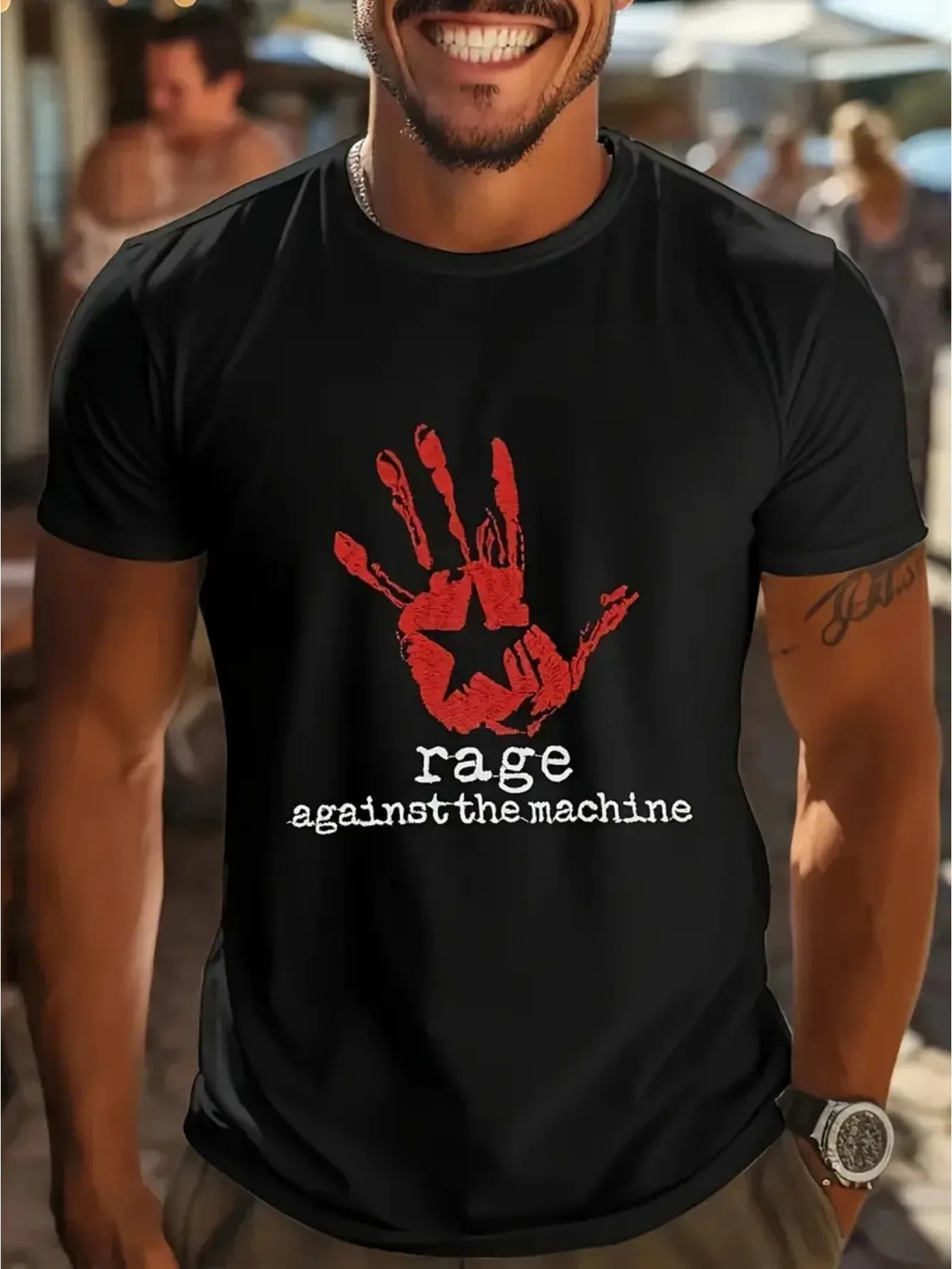 

Rage Against the Machine Print Short Sleeve T, Fiery Red Handprint, Boldly Voice Your Rebellion, Stylish Casual Choice