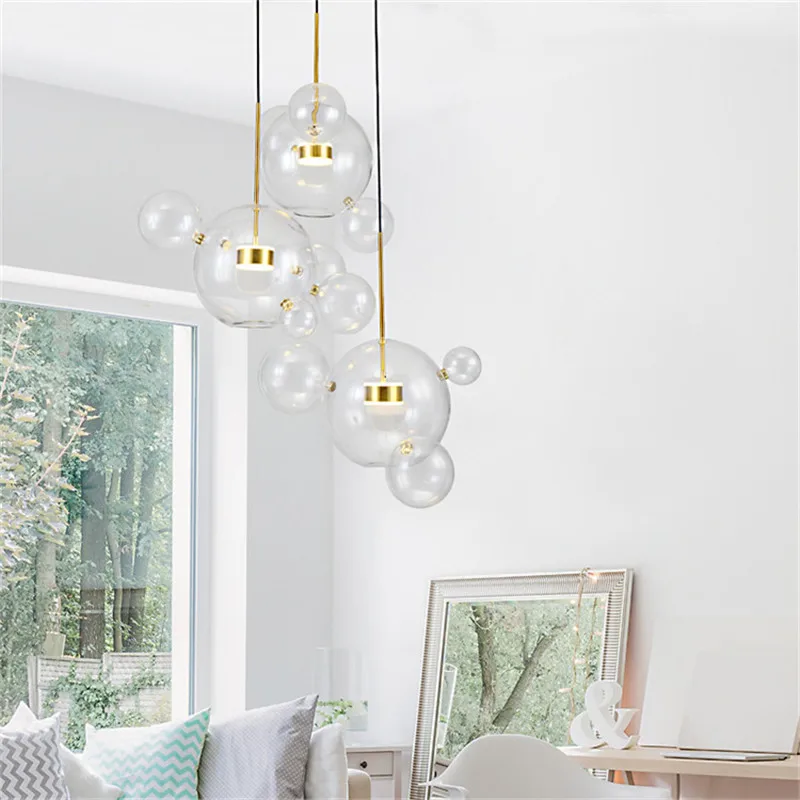Lámpara de araña LED de cristal transparente para sala de estar, luces colgantes de cristal de burbujas modernas para comedor