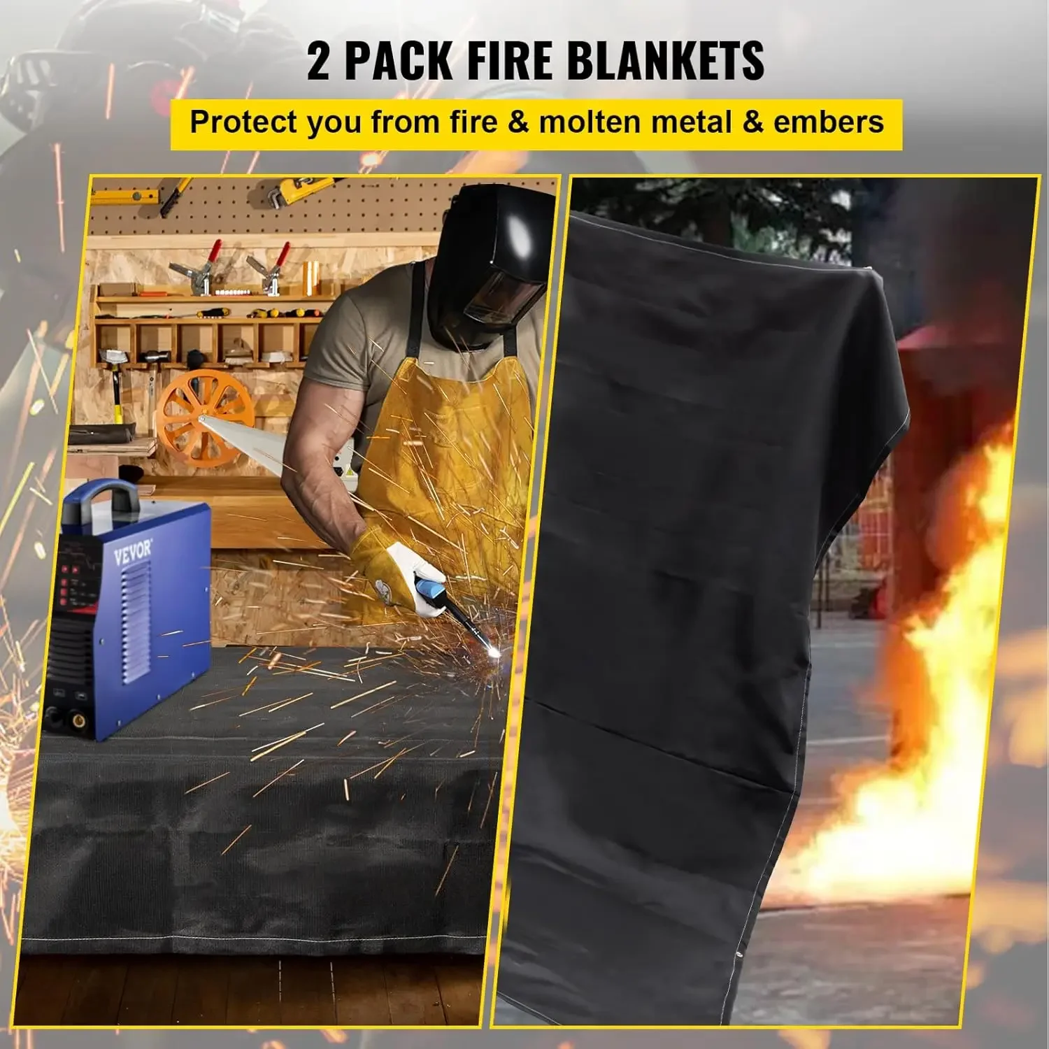 Fire Blankets, 2 Pack Welding Blankets, 8' x 10' Fire Suppression Blanket, 1022°F Flame Retardant Blanket, Black Fire Emergency