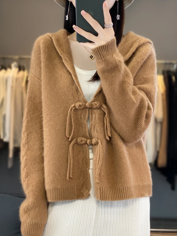 

Women Hoodie Sweater Spring Autumn 100% Merino Wool Long Sleeve Cardigan Chinese Knot Button Cashmere Knitwear Korean Popular