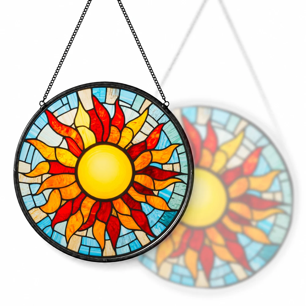 Stained Glass Suncatcher Round Tropical Sunset Beach Palm Tree Hibiscus Flower Window Hanging Decor Home Garden Gift