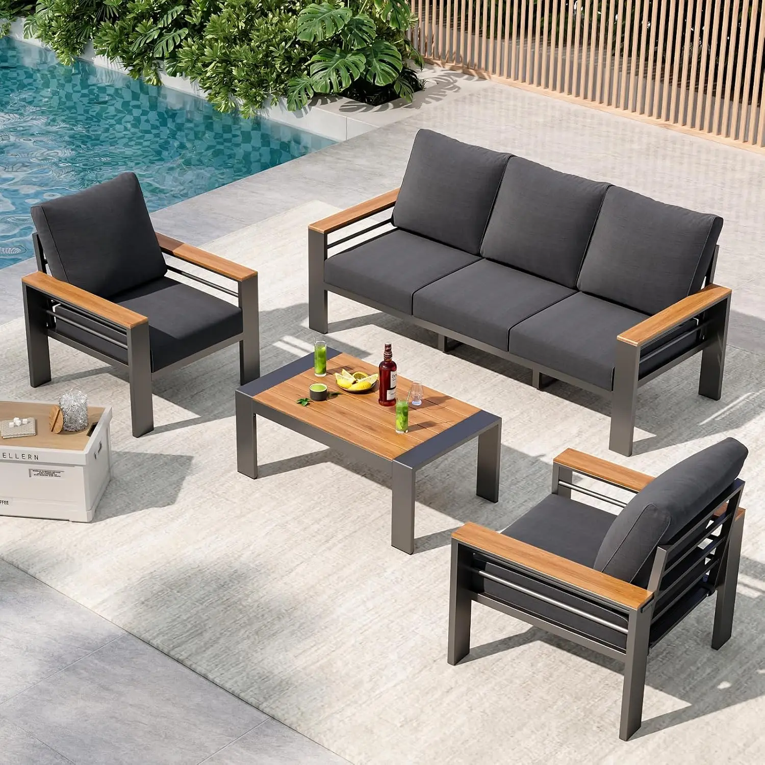 

Aluminum Outdoor Patio Furniture Set,5 Seats Outdoor Sectional with Coffee Table,Patio Conversation Sets with Upgraded Armrests