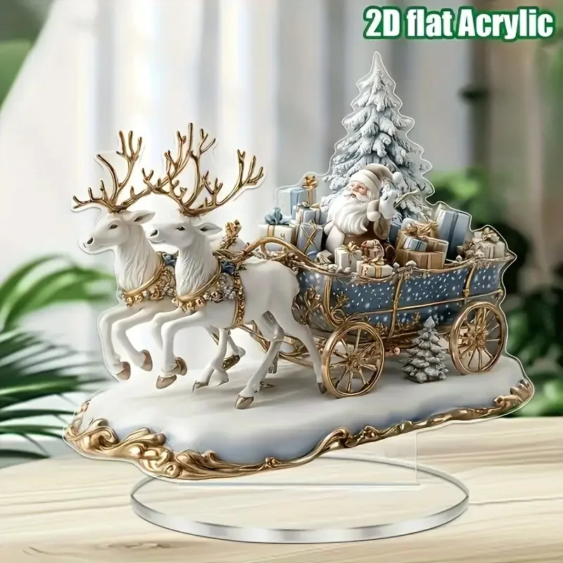 Christmas Reindeer Sleigh Santa Figurine 2D Acrylic Christmas Santa Claus on Sleigh with Reindeers Decorations Holiday Santa - Image 5