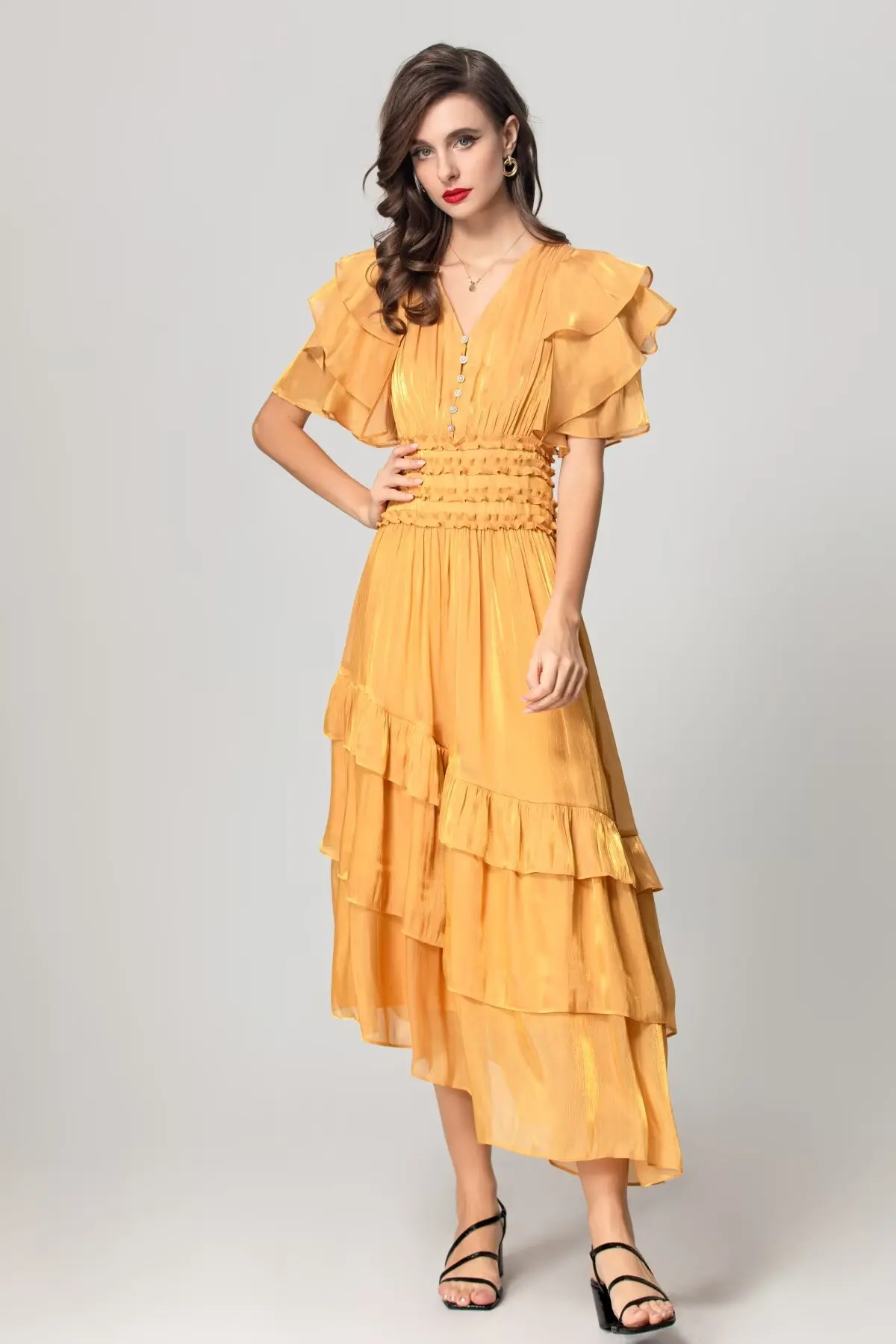 فساتين نسائية مثيرة بياقة على شكل V وأكمام قصيرة وخصر مطاطي وكشكشة متدرجة غير متماثلة أنيقة غير رسمية