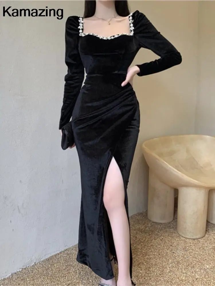 Sexy Bodycon Evening Party Dress Women Autumn New Velvet Diamonds Prom Robe Ladies France Vintage Split Mermaid Vestidos Mujer