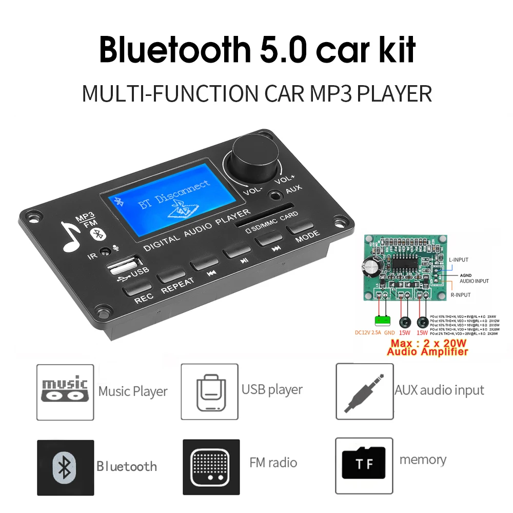 12V DC mp3プレーヤー,Bluetooth v5.0,USBモジュール,mp3,スピーカー録音用のフェイク録音