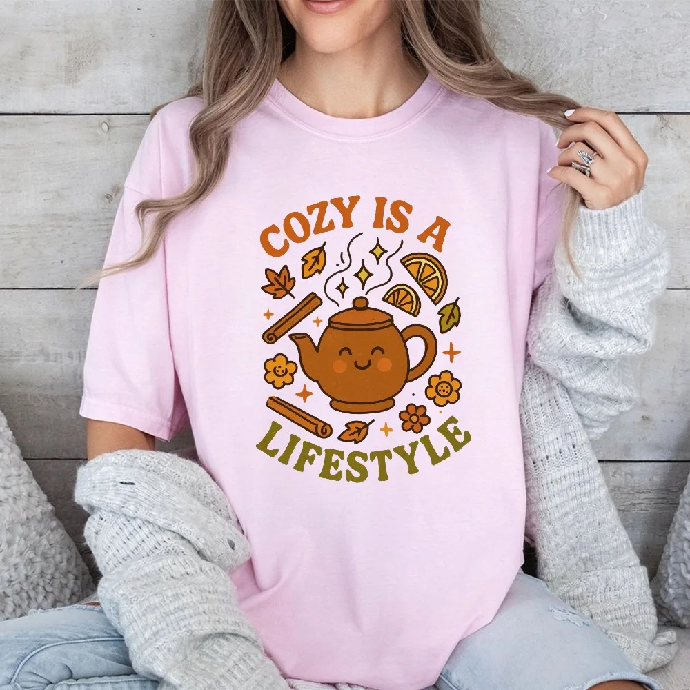 Cozy Is A Lifestyle Cute Teapot Autumn Leaves Cinnamon Unisex Cotton T-Shirt Fall Winter Casual Top Funny Graphic Tee Gift