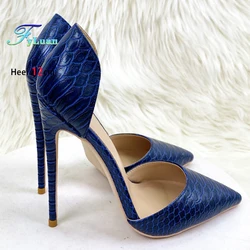 Snake Pattern Sexy High Heel Shoes 8 10 12CM Elegant Ladies Navy Blue Shallow Mouth Single Fashion Stiletto Pumps Plus Size 45