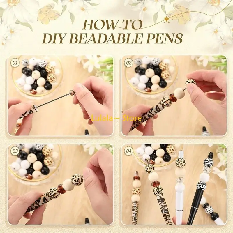 Y4QA Beadable Pen Bulk DIY Bead Pen Kits Wooden Beaded Pen Ballpoint Pen Bead Pen Set for Kids School Students Stationery