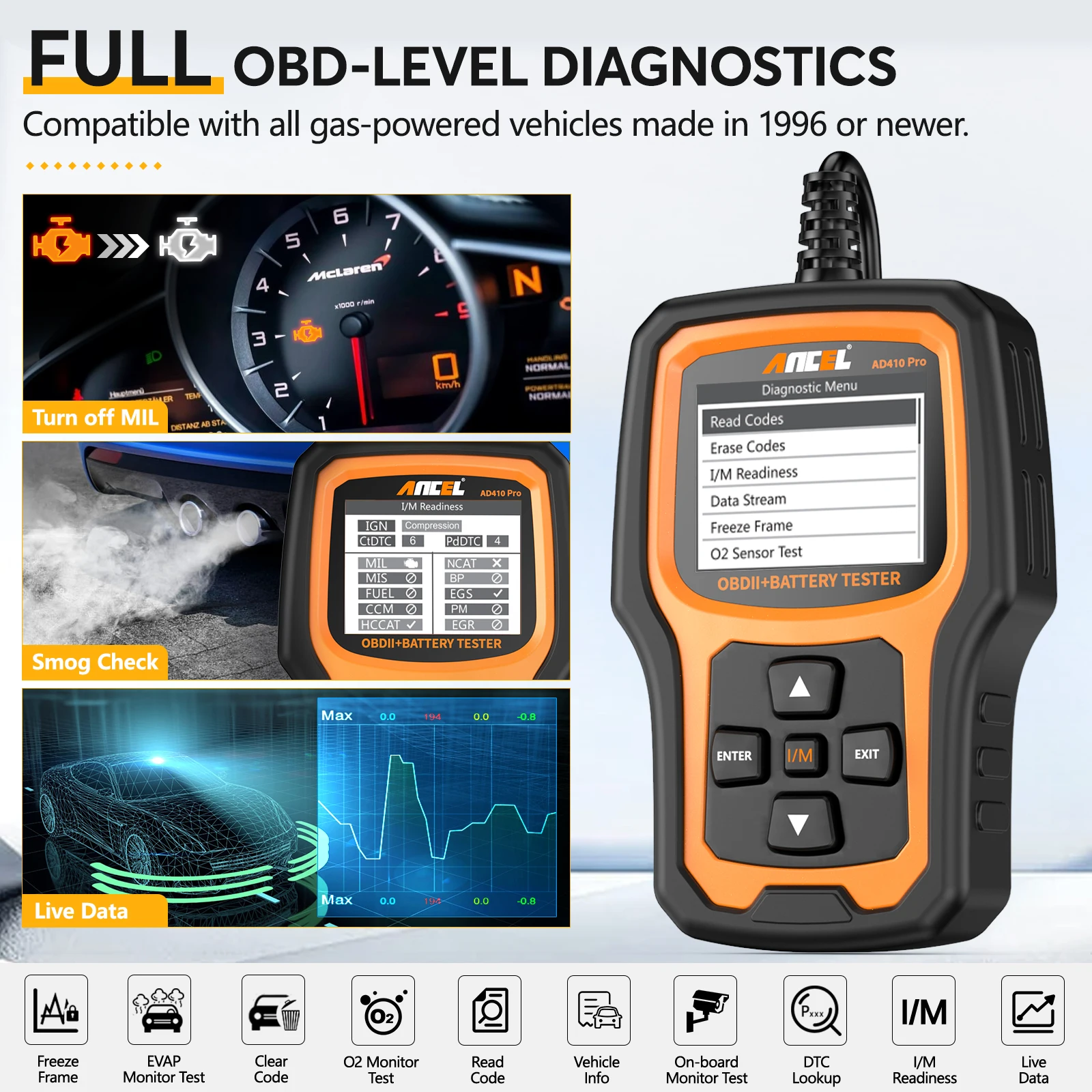 ANCEL AD410 Pro Automotive Scanner Full OBD2 Code Reader Battery Tester Engine Check Battery System Test OBD Car Diagnostic Tool