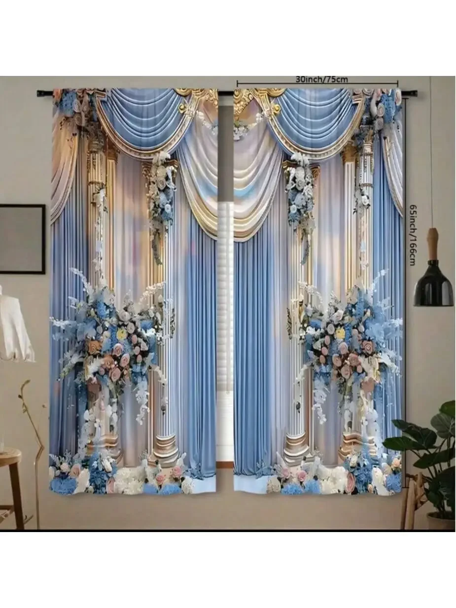 قطعتان من ستائر الزفاف المطبوعة على شكل زهرة زرقاء فاتحة، ستائر كيس عمود 42*84، ديكور منزلي، ديكور الغرفة #2