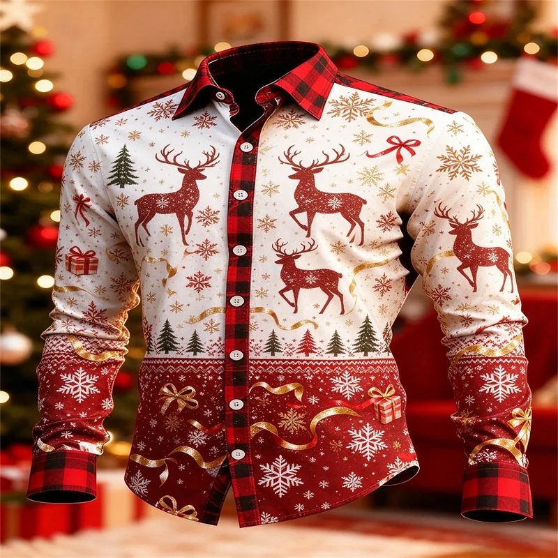 2026 New Men Xmas Long Sleeve Shirt Christmas Stocking Gift Box Print Red Black Plaid Splice Lapel Button Shirt Holiday Party Co