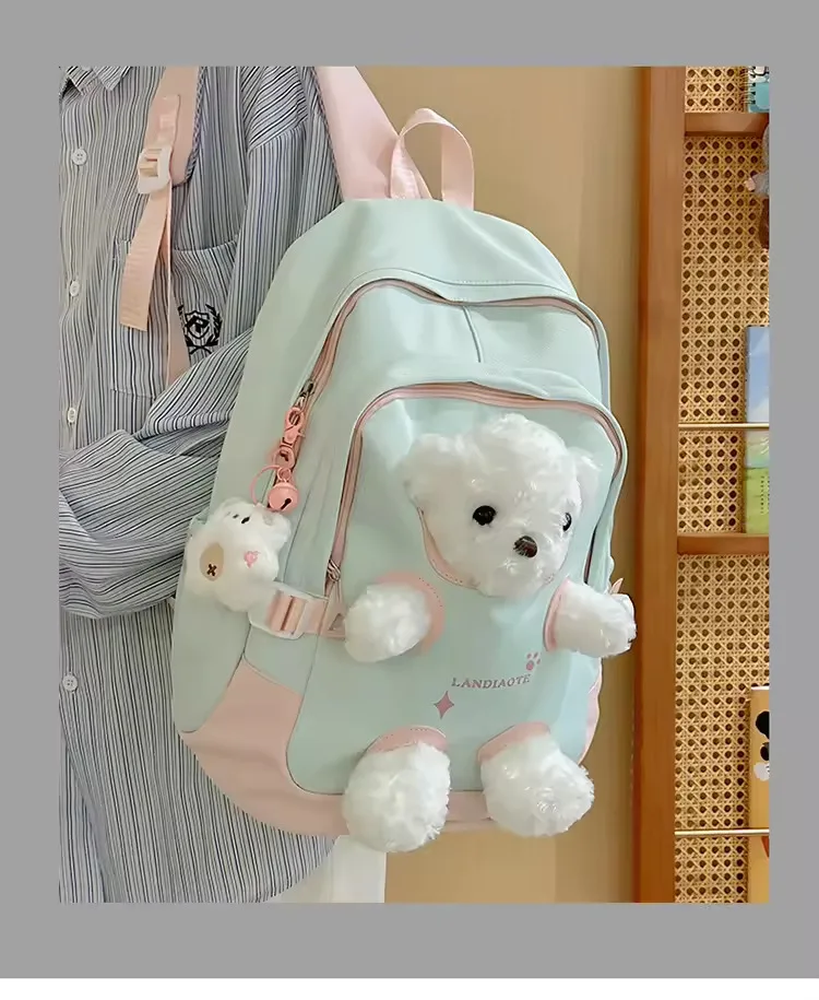 

Cute Little Bear Backpack Cartoon Plush Bear Doll Double-shoulder Bag Sweet Large Capacity Student Schoolbag Stylish Travel Bag