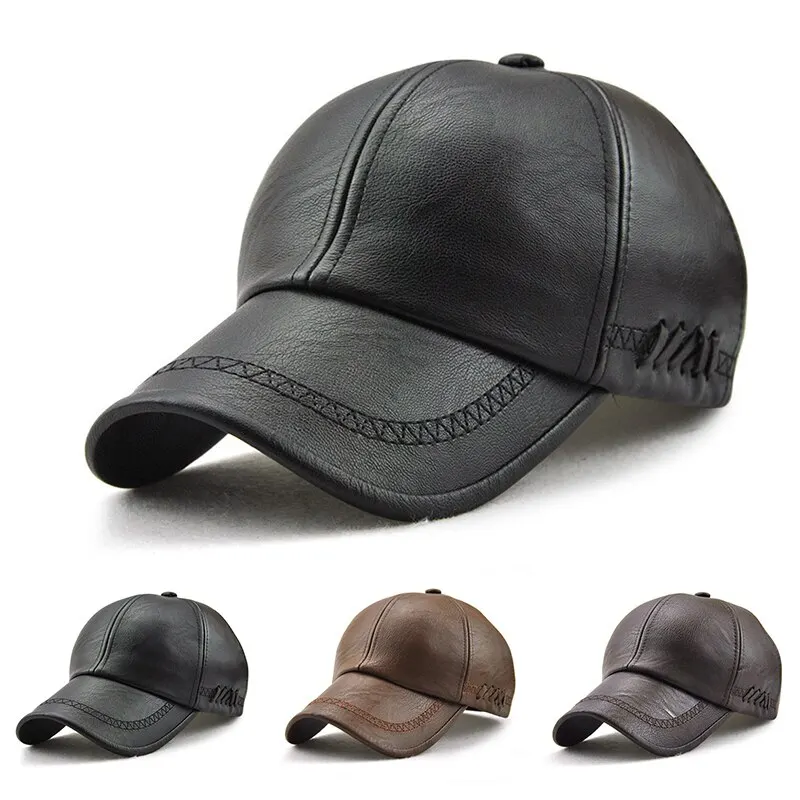 Mens Pu Leather Baseball Caps Spring and Autumn Outdoor Adjustable Casual Hats Sunscreen Hat