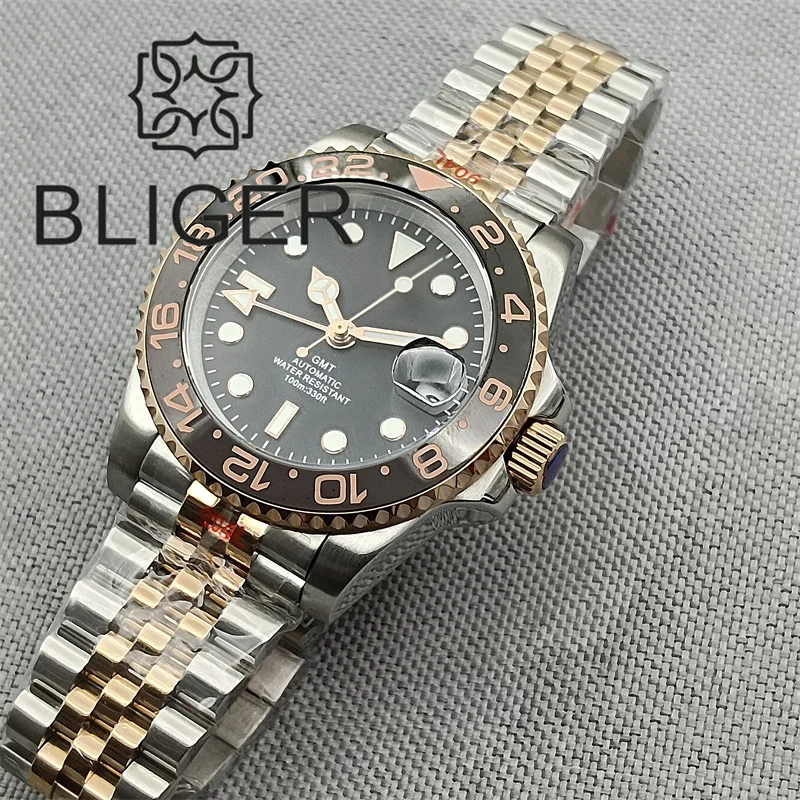 BLIGER 40mm Two-Tone Jubilee Bracelet NH34 GMT Watch For Men Bidirectional Rotation Case Sapphire Glass Ceramic Bezel Black Dial