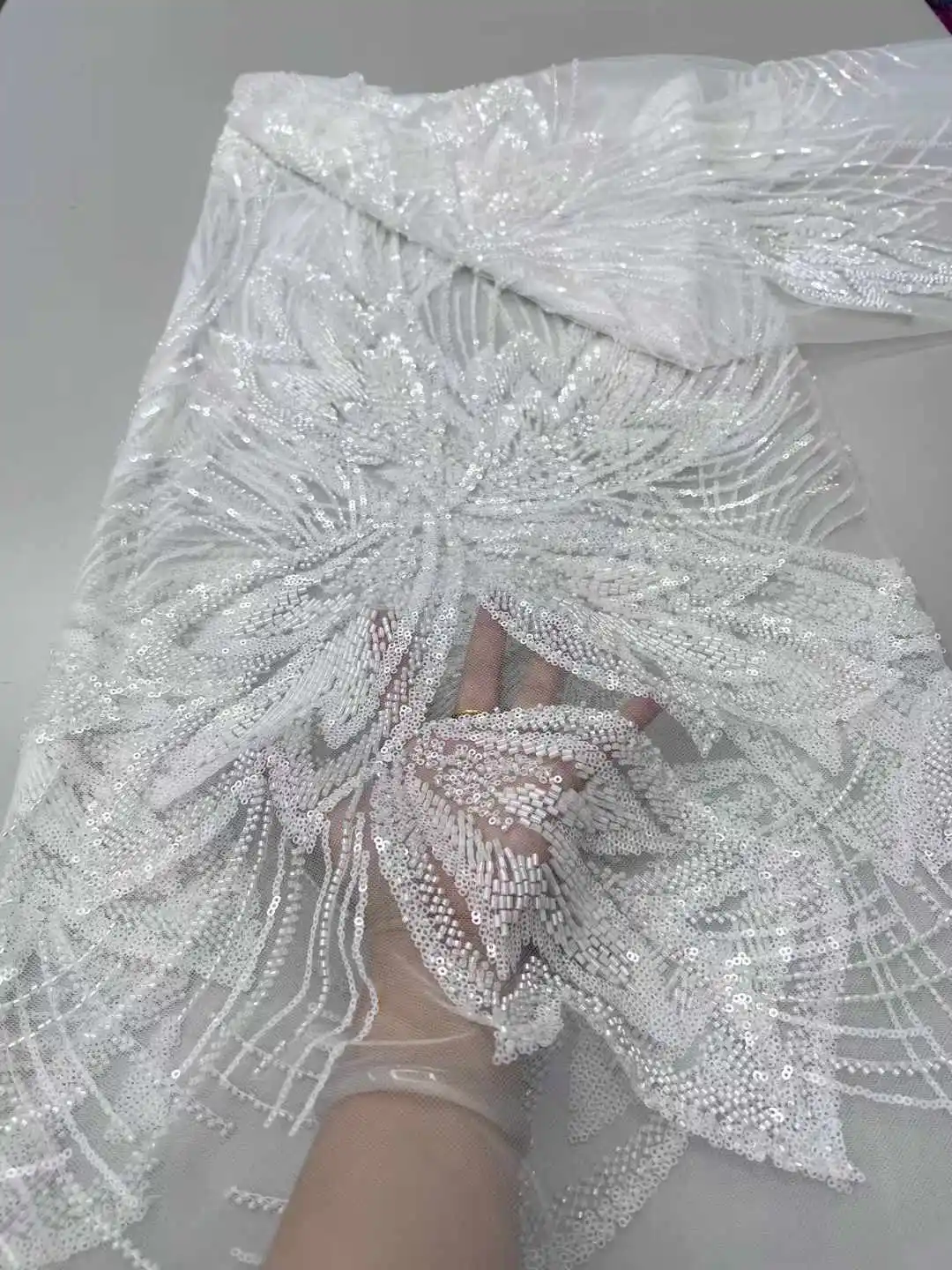 Nigerian Bridal Lace Fabric Beads Sequins French Tulle Wedding Gown & Evening Dress Luxury Embroidery 5Yards Lace - ZX