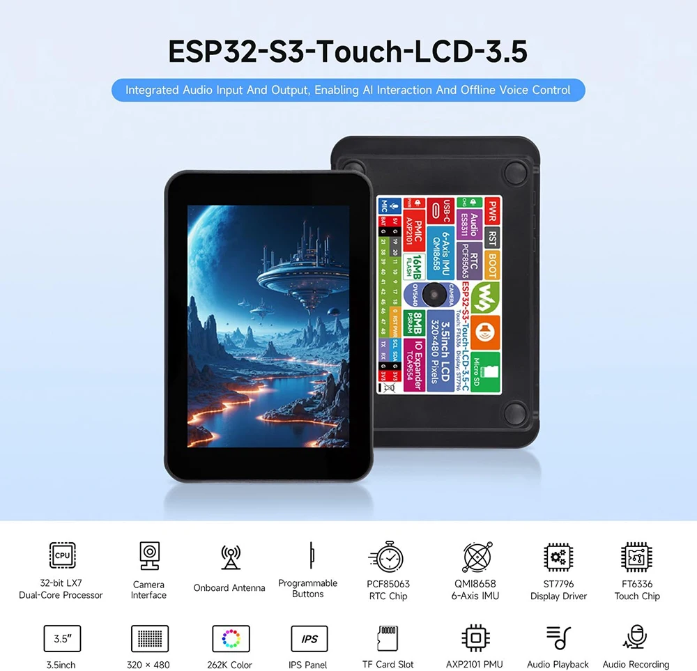 Waveshare ESP32-S3 3.5inch IPS 320x480 Touchscreen LCD Display Development Board with Camera for Arduino IDE ESP-IDF AI deepseek