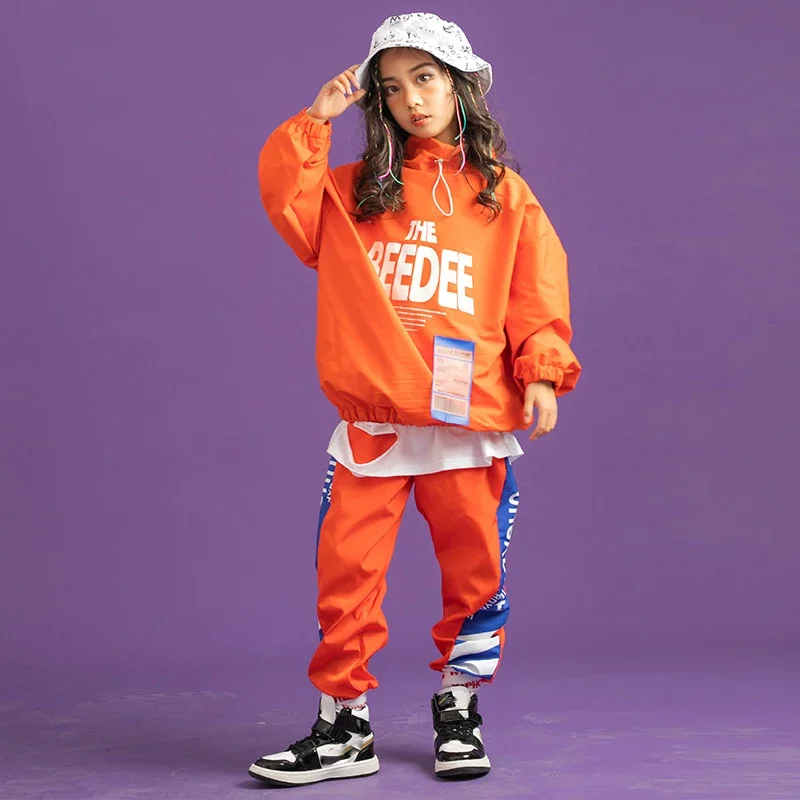 Street Dance Wear Outfits Rave Kleding Kinderen Hiphop Danskostuums Voor Kinderen Oranje Jasje Hiphop Pak Meisjes Jazz